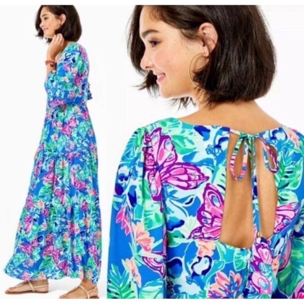 Lilly Pulitzer Rease Maxi Dress Butterfly Floral Print V‎ Neck Tie Back Size 8 - Picture 2 of 12